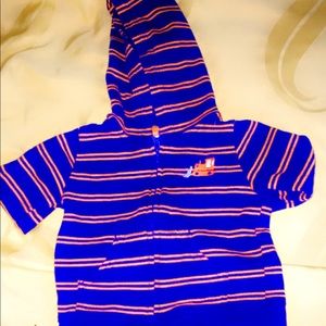 blue and orange striped jacket